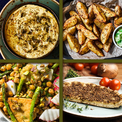A collage features herbed hummus, golden potato wedges, a chickpea-asparagus-radish salad, and flatbread topped with Ceres Gourmet Zaatar Seasoning 7 Oz Mediterranean Spice Blend, with tomatoes and onion in the background.