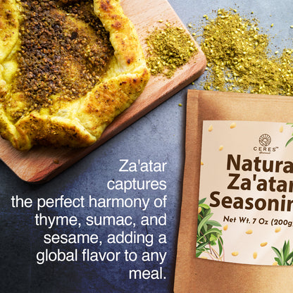 A close-up of za’atar flatbread on a wooden board with a pile of Ceres Gourmet Zaatar Seasoning 7 Oz, Mediterranean Spice Blend, and its package. Text notes its made from thyme, sumac, and sesame.