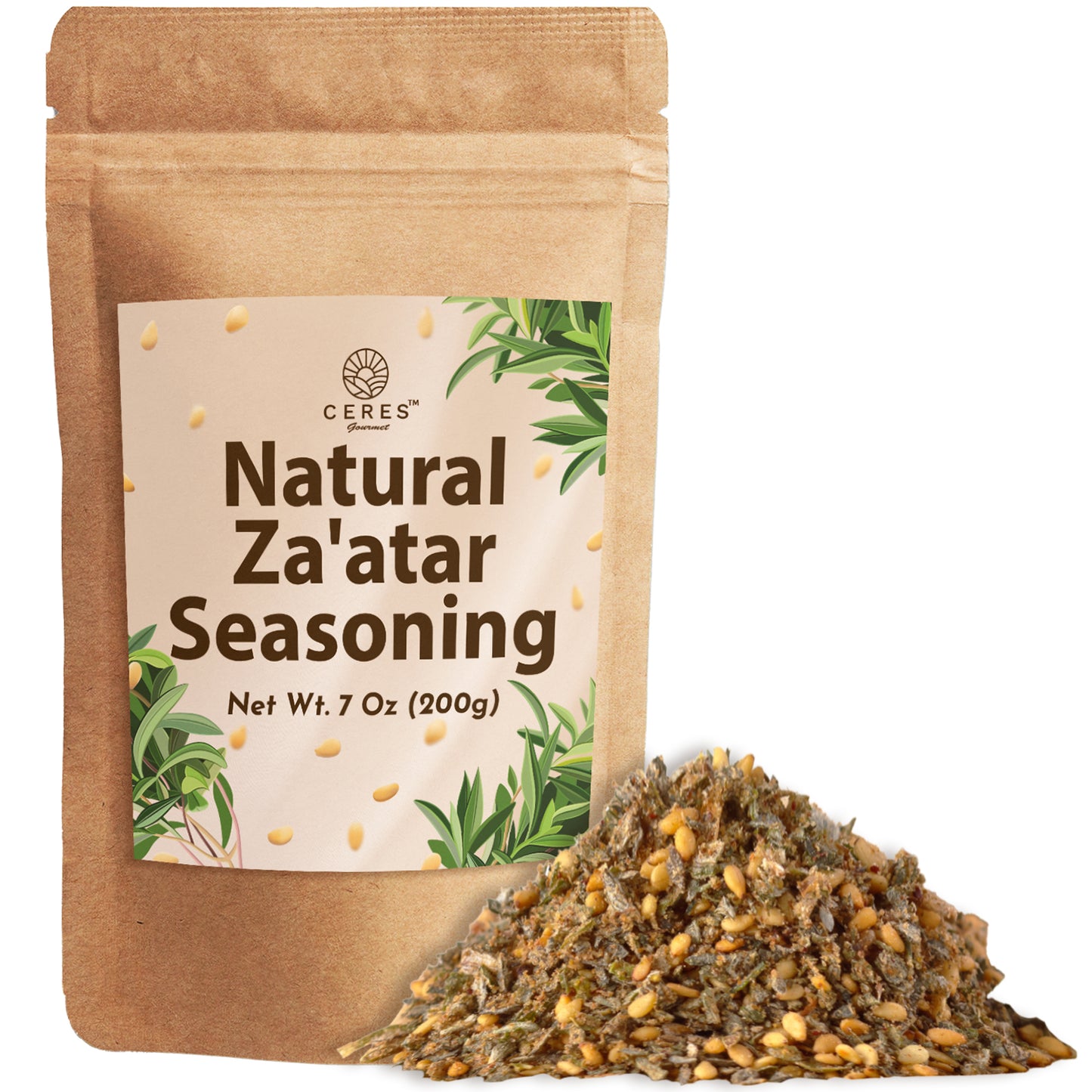 A brown Ceres Gourmet Zaatar Seasoning 7 Oz pouch sits behind a pile of zaatar, displaying sesame seeds and herbs. This Mediterranean spice blend comes in a 200g (7 oz) package.