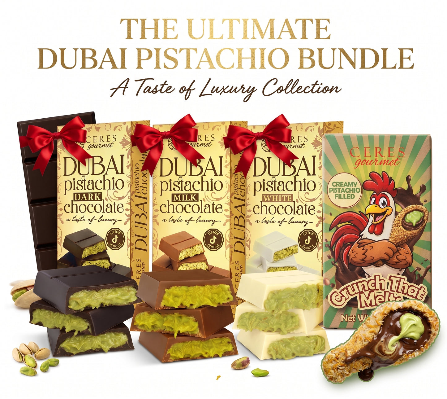 Ceres Gourmet Ultimate Dubai Chocolate Gift Set: Trio Bars & Viral Drumstick