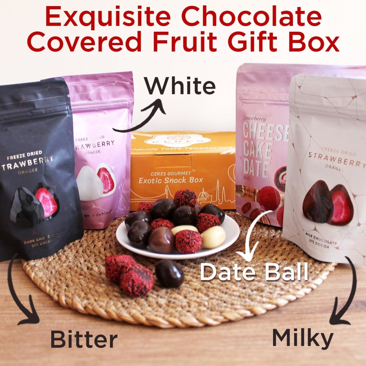 Chocolate Covered Strawberry Variety Pack 4 Pcs, Exquisite Chocolate - Covered Fruit Gift Box - Perfect Blend of Sweetness and Indulgence for Chocolate and Date Ball Lovers - Ceres Gourmet