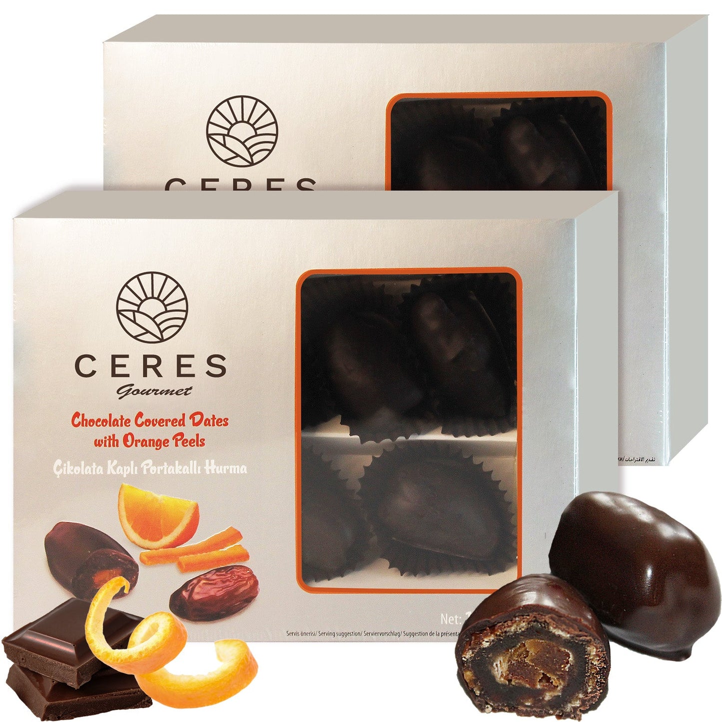 Dark Chocolate Coated Medjool Dates Stuffed with Almonds 2 Packs-8.46 Oz, Premium Bitter Chocolate Covered Dates (Orange) - Ceres Gourmet