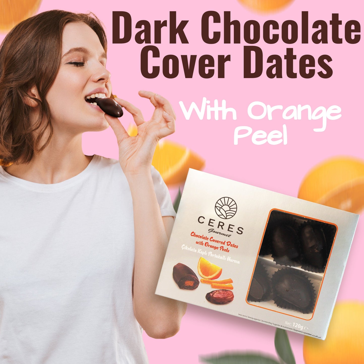 Dark Chocolate Coated Medjool Dates Stuffed with Almonds 2 Packs-8.46 Oz, Premium Bitter Chocolate Covered Dates (Orange) - Ceres Gourmet