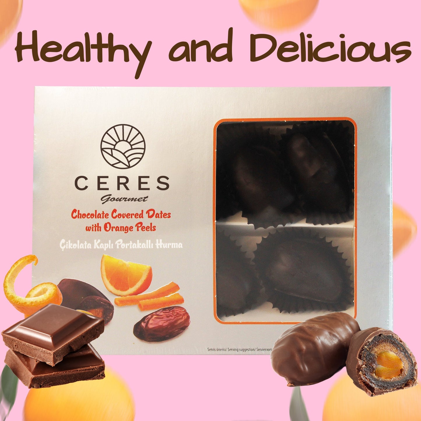 Dark Chocolate Coated Medjool Dates Stuffed with Almonds 2 Packs-8.46 Oz, Premium Bitter Chocolate Covered Dates (Orange) - Ceres Gourmet