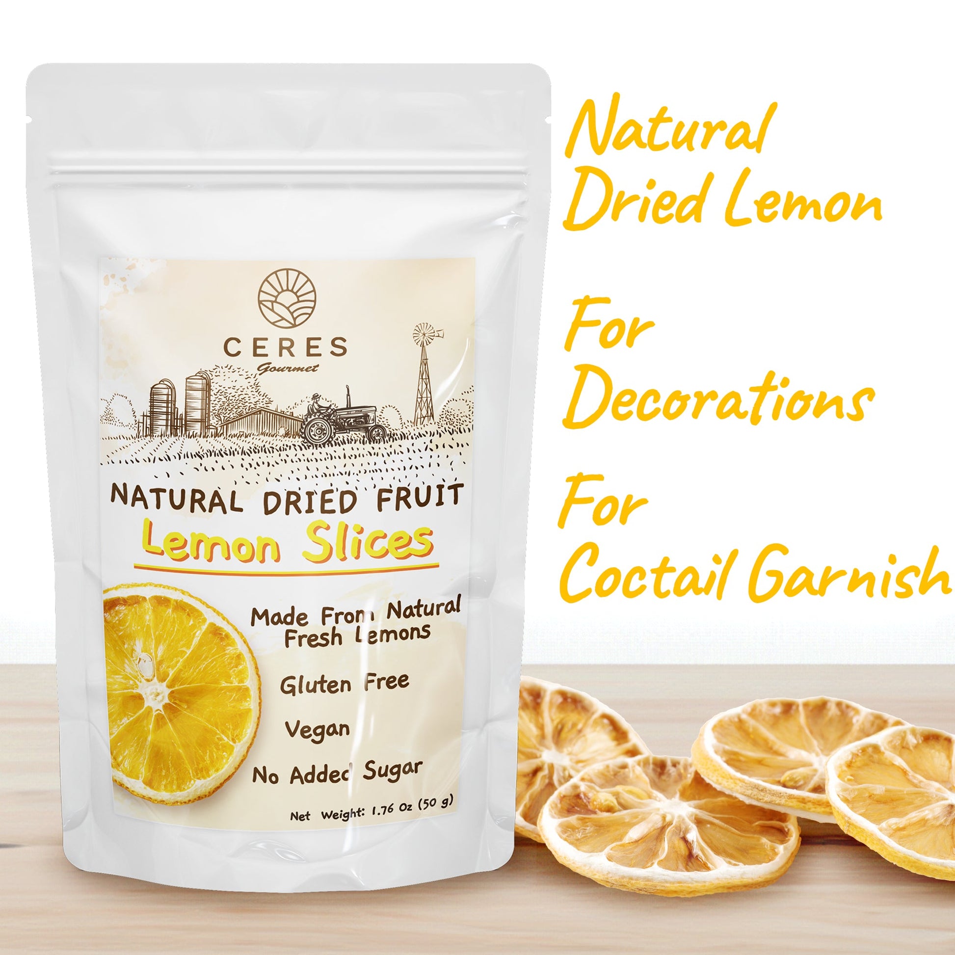 Dried Lemon Slices, Dehydrated Lemon Wheels for Cocktails (35 to 45 Slices) 3.5 Oz, Natural Dried Fruit Cocktail Garnish for Drinks, Decorations, Cake, Cooking, Tea - Ceres Gourmet