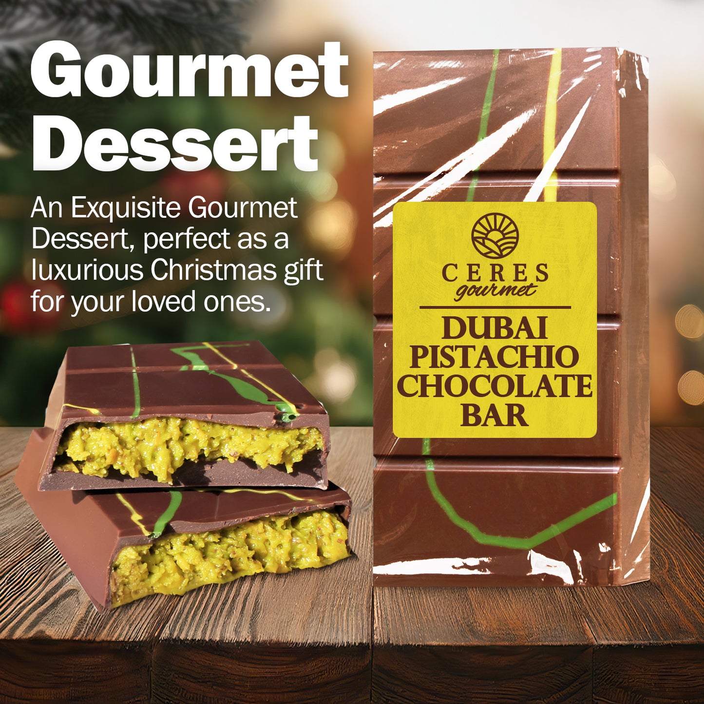 Ceres Gourmet Dubai Chocolate Bar Pistachio 3.5 Oz with Milky Chocolate Knafeh, Perfectly Portioned Packaging Dubai Chocolate, Premium Kunafa Chocolate Bars (3.5 Oz, Milk Chocolate)