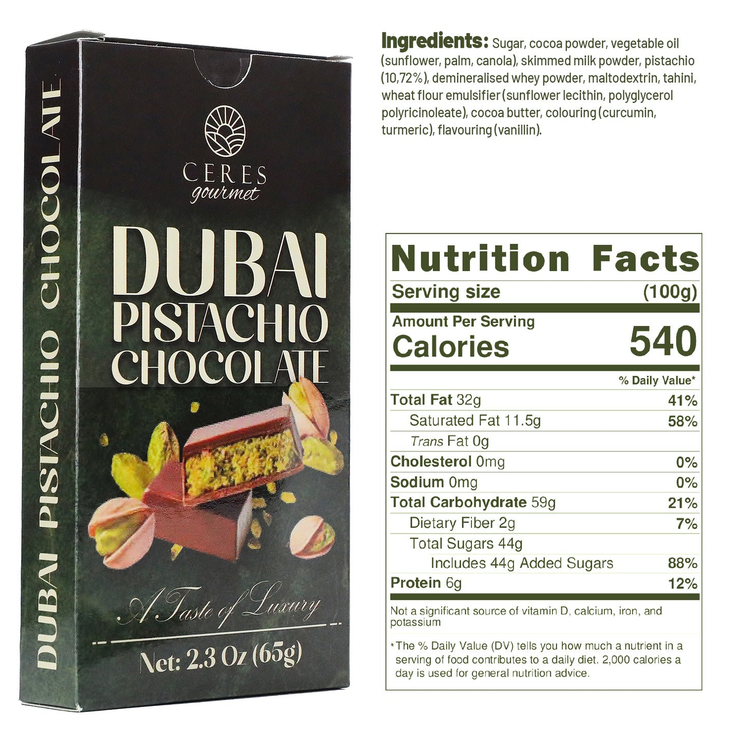 A Ceres Gourmet Dubai Chocolate Bar 3-12-24-Pack (2.3 oz/65g each) is displayed with ingredients, nutrition facts, and a photo of the pistachio-studded bar. The box reads A Taste of Luxury.