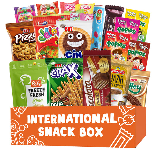 The Ceres Gourmet International Snack Box 12 Different Snacks with 15+ Pieces features a variety of colorful global treats, including crackers, cookies, popcorn, rare candies, and breadsticks.