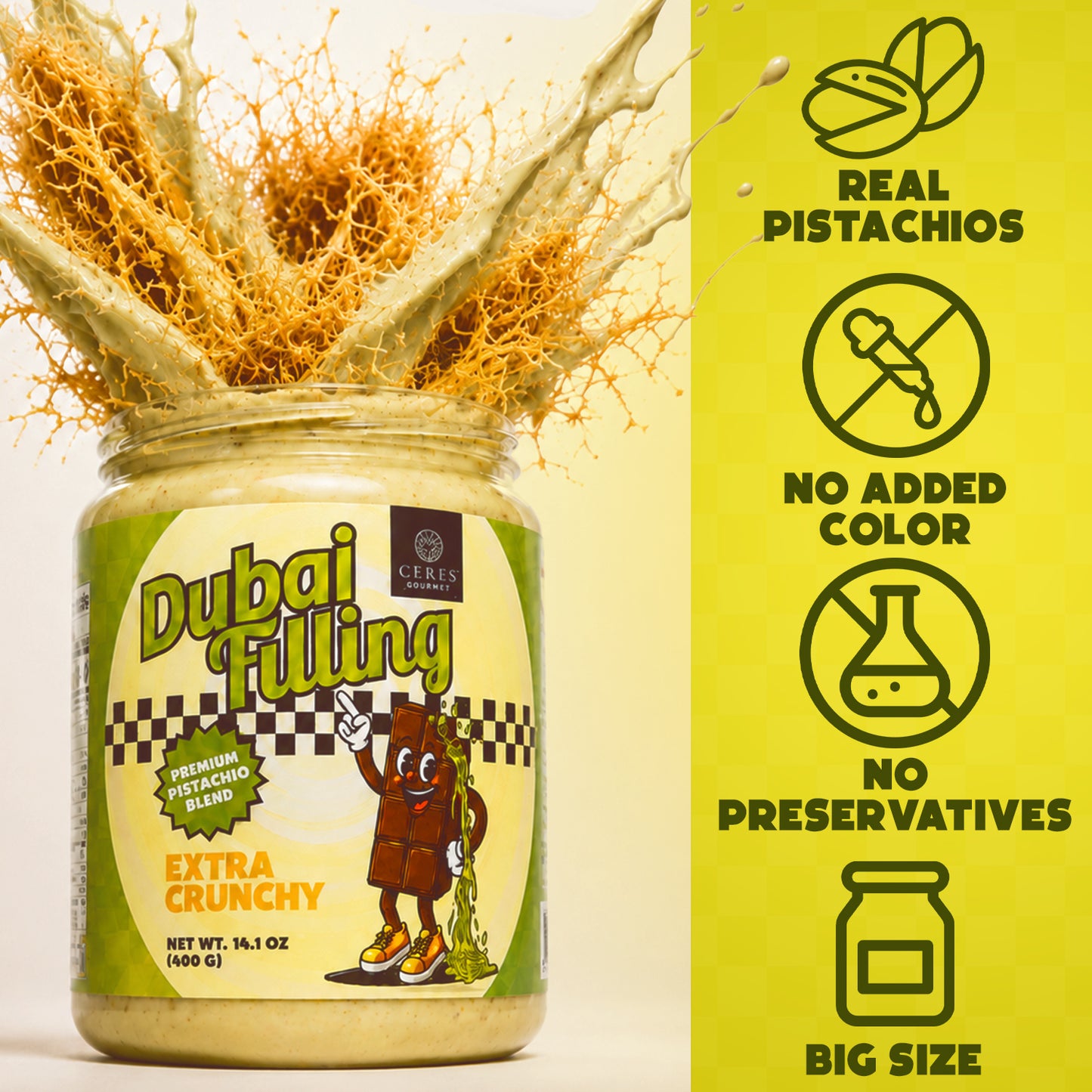 Ceres Gourmet Extra Crunchy Dubai Filling: Premium Pistachio Knafeh Spread (14.1 oz)