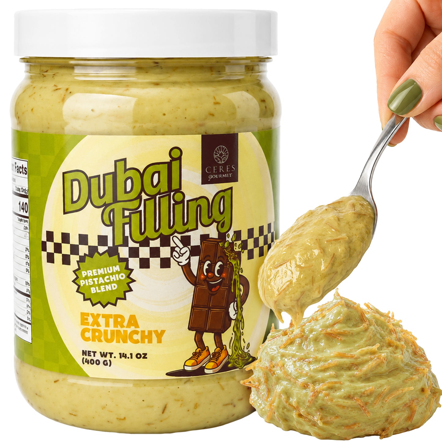 Ceres Gourmet Extra Crunchy Dubai Filling: Premium Pistachio Knafeh Spread (14.1 oz)