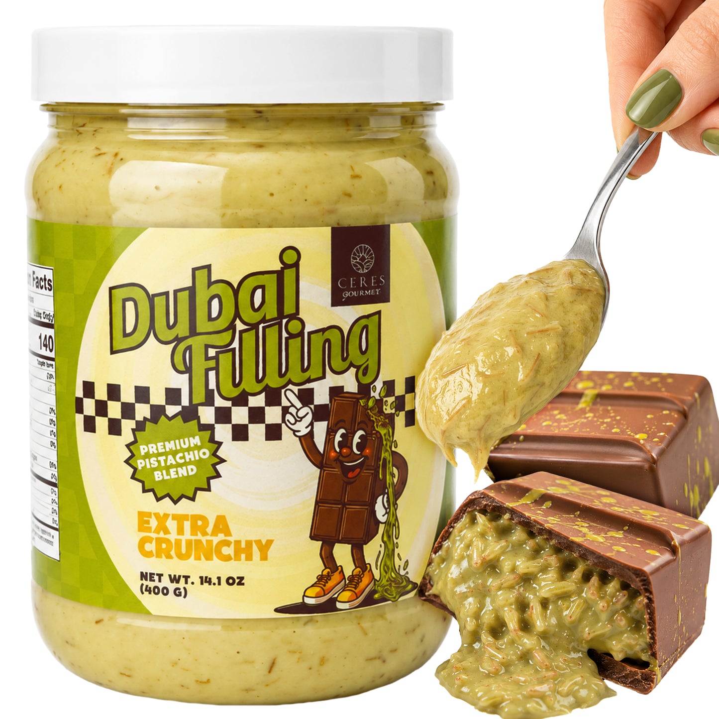 Ceres Gourmet Extra Crunchy Dubai Filling: Premium Pistachio Knafeh Spread (14.1 oz)