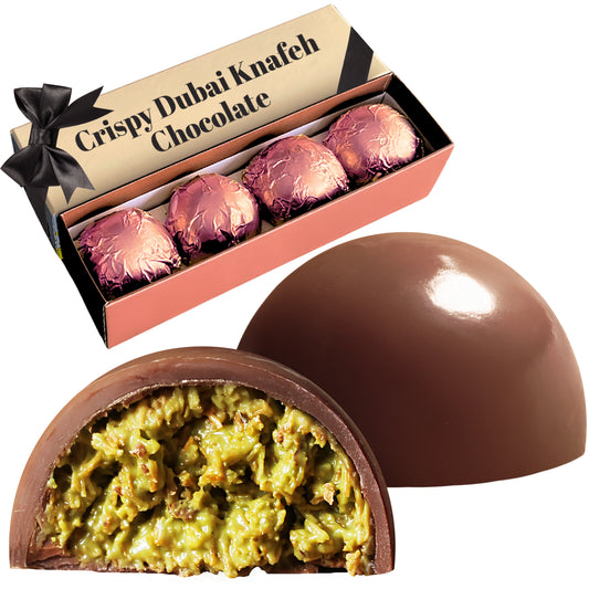 Dubai Pistachio Kunafa Chocolate Balls 5.6 Oz - Gourmet Chocolate with Knafeh Filling-Pistachio & Kadayif, 4-Piece Gift Box - Luxury Chocolate Gift, Exotic Delight with a Crunchy Pistachio Twist