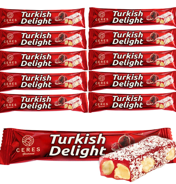 Turkish Delights Pomegranate Candy Bar with Hazelnut and Coconut, Traditional Sweet Vegan Soft Candy Bars, Snacks Size Gourmet Lokum (Loukoumi) 10 Pack
