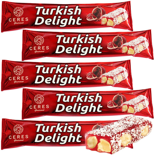 Turkish Delights Pomegranate Candy Bar with Hazelnut and Coconut, Traditional Sweet Vegan Soft Candy Bars, Snacks Size Gourmet Lokum (Loukoumi) 5 Pack