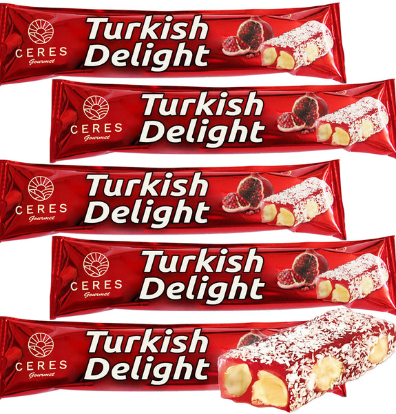 Turkish Delights Pomegranate Candy Bar with Hazelnut and Coconut, Traditional Sweet Vegan Soft Candy Bars, Snacks Size Gourmet Lokum (Loukoumi) 5 Pack