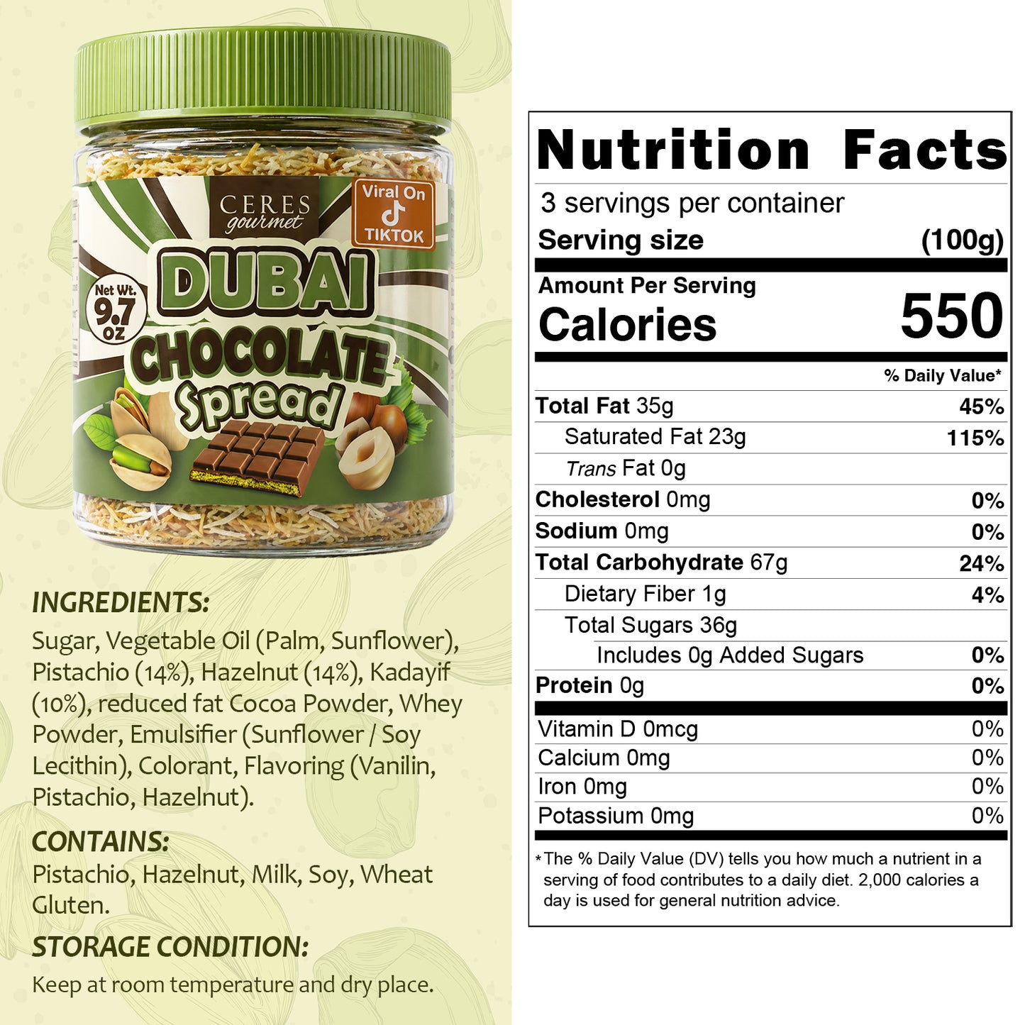 Dubai Spreadable Chocolate and Pistachio with Kataifi - 9.7 oz