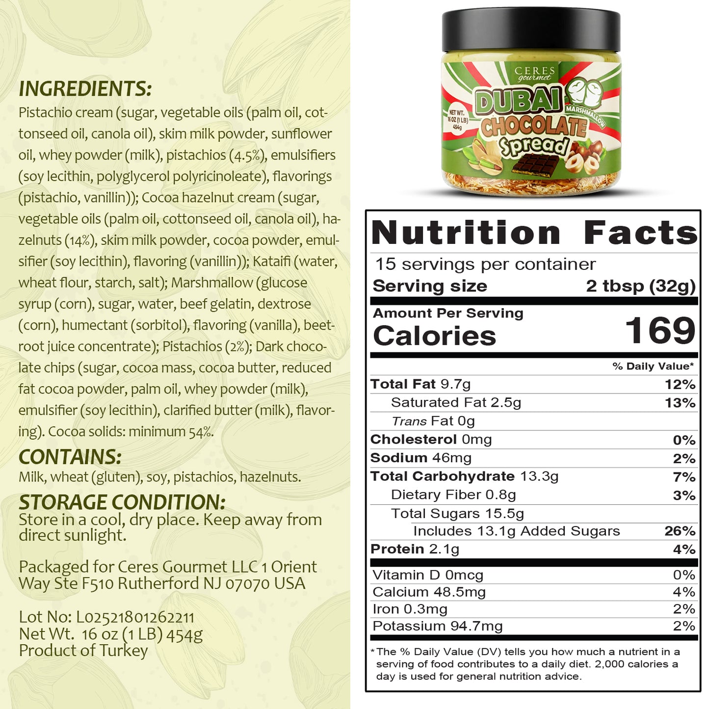 Ceres Gourmet Dubai Chocolate Pistachio Spread with Marshmallows (16oz)