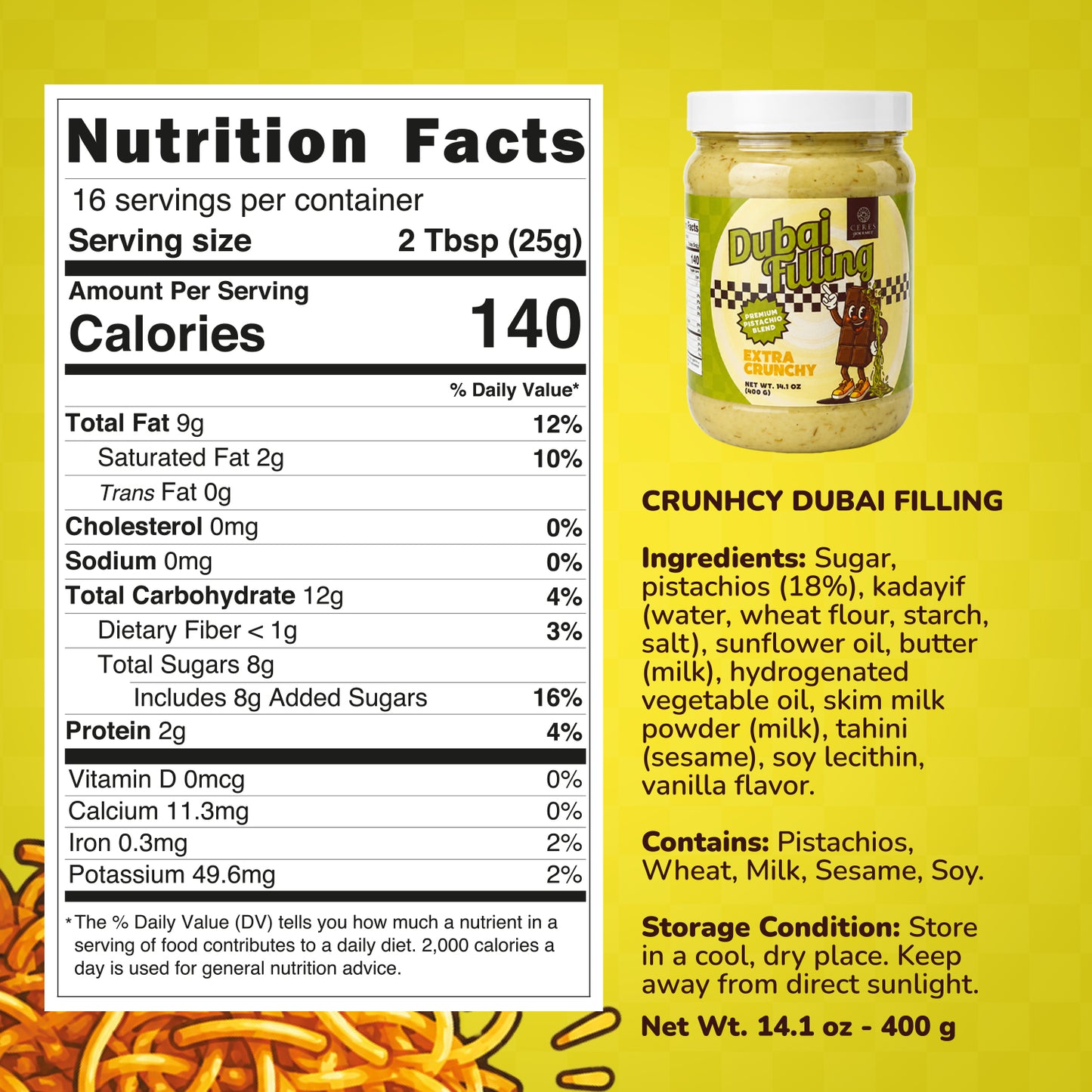 Ceres Gourmet Extra Crunchy Dubai Filling: Premium Pistachio Knafeh Spread (14.1 oz)