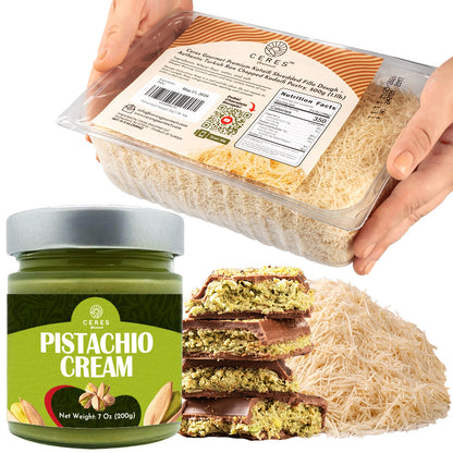 Premium Kataifi Shredded Fillo Dough & Pistachio Butter Spread Bundle for Viral Dubai Chocolate – Authentic Turkish Raw Chopped Kataifi Pastry (500g) and Sweet Pistachio Nut Cream (7.76 Oz), Ideal for Kunafa, Baklava, and Gourmet Desserts - Ceres Gourmet