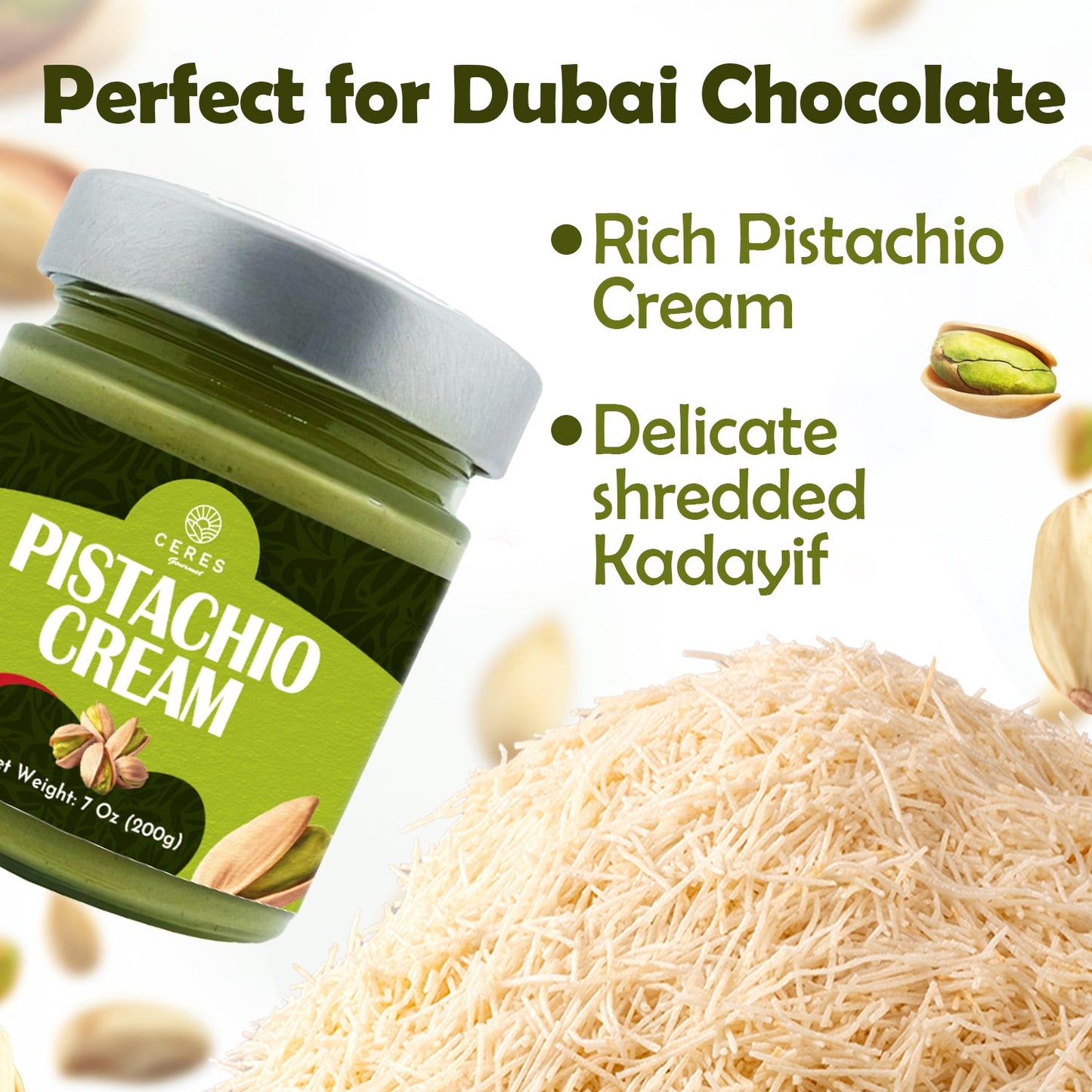 Premium Kataifi Shredded Fillo Dough & Pistachio Butter Spread Bundle for Viral Dubai Chocolate – Authentic Turkish Raw Chopped Kataifi Pastry (500g) and Sweet Pistachio Nut Cream (7.76 Oz), Ideal for Kunafa, Baklava, and Gourmet Desserts - Ceres Gourmet