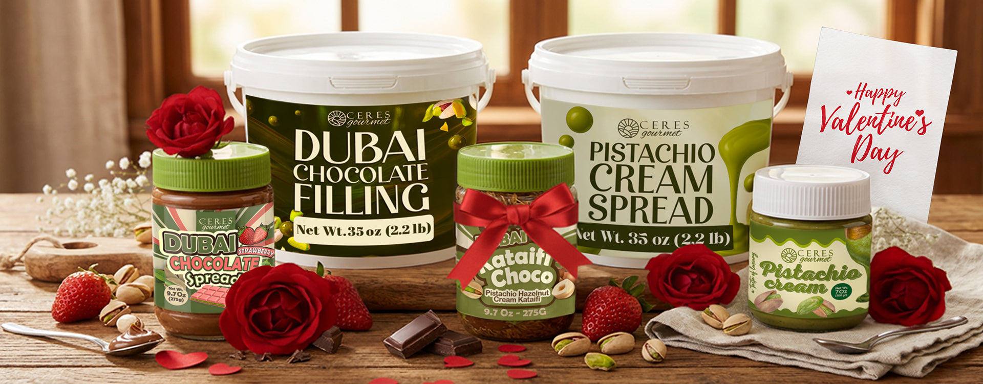 Assorted Nutella products with Valentine's Day decorations on a wooden table.